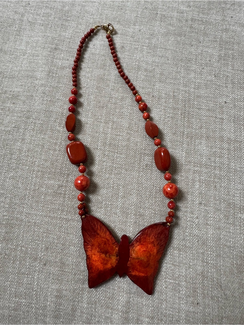 Lee Sands Signed Vintage Red Jasper & Coral Butterfly Beaded Necklace